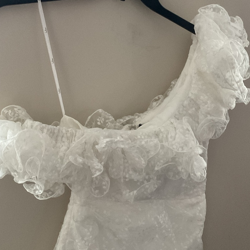 Lulus Angelic Trend White Embroidered Ruffled One Shoulder Mini Dress Sm Wedding - Picture 4 of 13